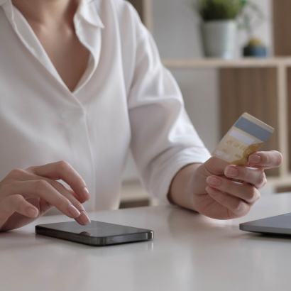 Онлайн плащане със смартфон и кредитна карта.