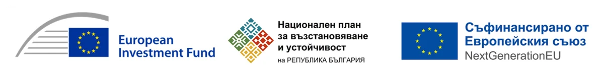 Банер с логата на European Investment Fund, Националния план за възстановяване и устойчивост и програмата NextGenerationEU.