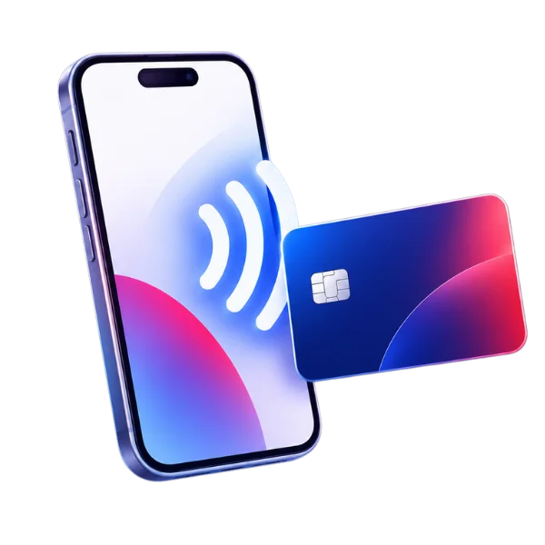 3D икона на смартфон с безконтактна NFC връзка и банкова карта.