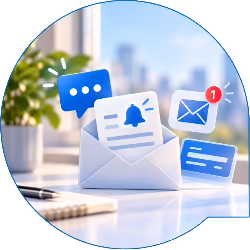 Плик и икони за SMS, e-mail и известия за трансакции върху светла работна повърхност, символизиращи навременното получаване на информация за движенията и разполагаемия кредитен лимит по кредитна карта.