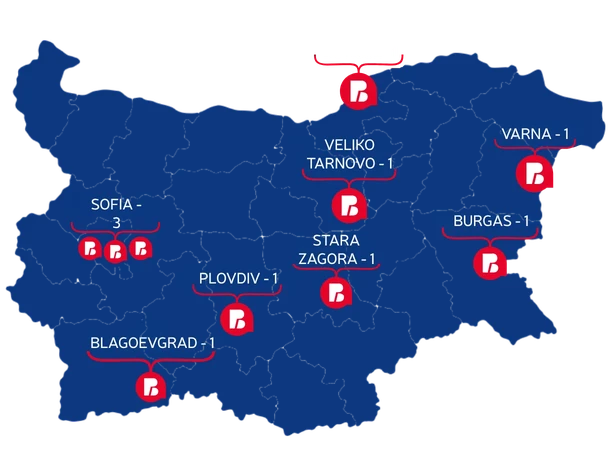 Map of Bulgaria showing Postbank corporate branch locations in Sofia, Ruse, Varna, Burgas, Plovdiv, Stara Zagora, Veliko Tarnovo and Blagoevgrad.