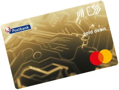 Златиста дебитна карта Mastercard Gold на Postbank с безконтактен символ и лого на Mastercard.