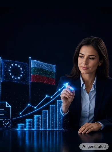 Човек с костюм взаимодейства с дигитална графика, диаграма, документи и знамена на ЕС и България.