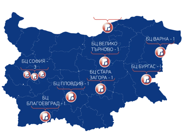 Карта на България с обозначени корпоративни клонове на Postbank в София, Русе, Варна, Бургас, Пловдив, Стара Загора, Велико Търново и Благоевград.